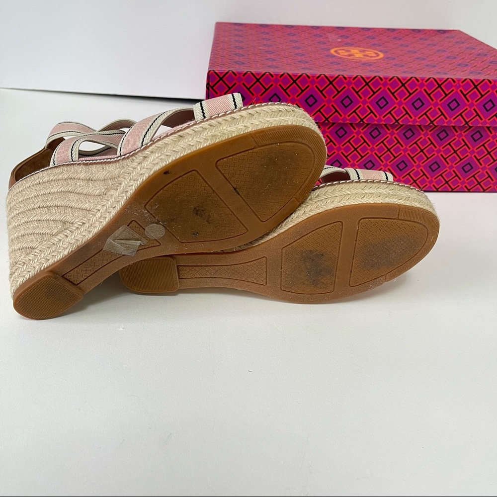 Tory Burch Frieda Espadrille -Stretch Webbing /Calf Leather &Strap Wedge Sandal - Picture 7 of 16